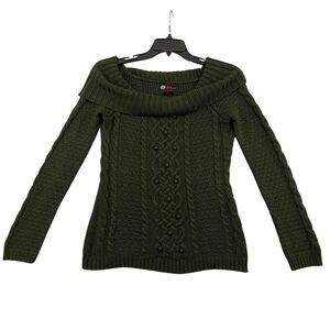 JJ Basics Chunky Cable Knit Sweater Womens Size Large Green Cowl Neck